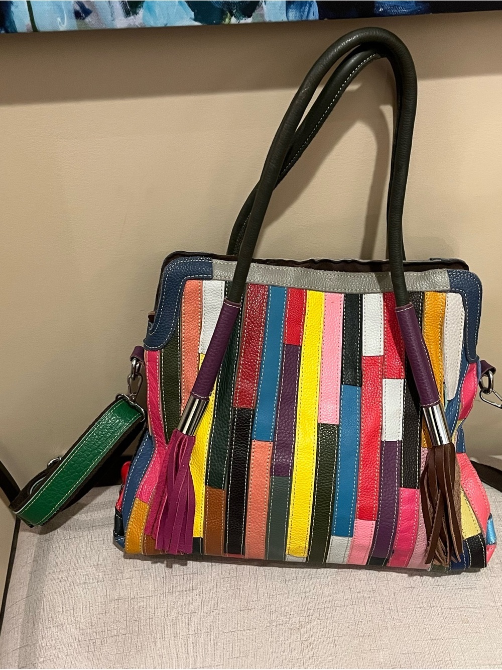 Boho Multicolor Patchwork Leather Strip Tote Bag with Tassels